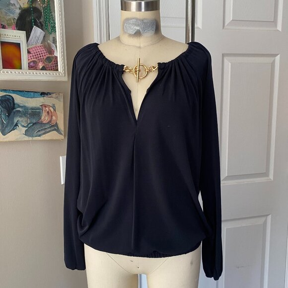 MICHAEL KORS Black Peasant Silky Slinky Gold Chain Blouse Tunic Shirt *SMALL* - Picture 1 of 5